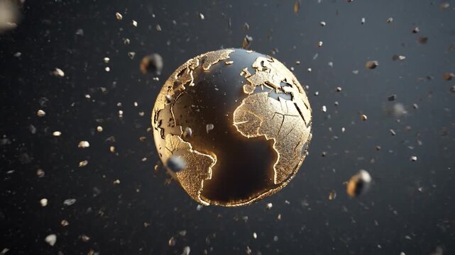 Gold planet earth globe with golden texture in space orbit, debris and dust abstract on dark background, cracked planet broken earth golden fracture, global destruction climate crisis apocalypse scene