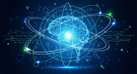 Abstract glowing brain inside atom structure digital art. © Yadi