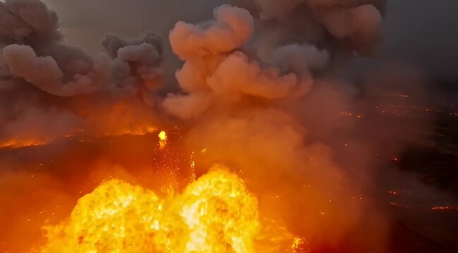 Intense firestorm with massive explosions and thick smoke billowing into the sky