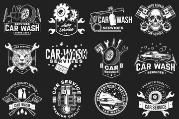 Fototapeta premium Auto service logo, emblems, badges and icons. Vector. For expert service car car wash, repair center, restoration and car club with wrench, gears, spark plug, skull, automobile tools pistons