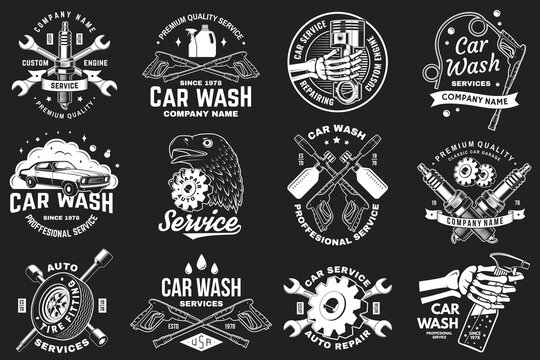 Auto service logo, emblems, badges and icons. Vector. For expert service car car wash, repair center, restoration and car club with wrench, gears, spark plug, skull, automobile tools pistons