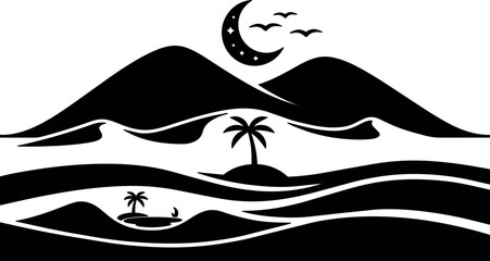 Obraz premium Minimalist silhouette tropical island landscape with crescent moon flying birds palm trees waves and distant mountains at night