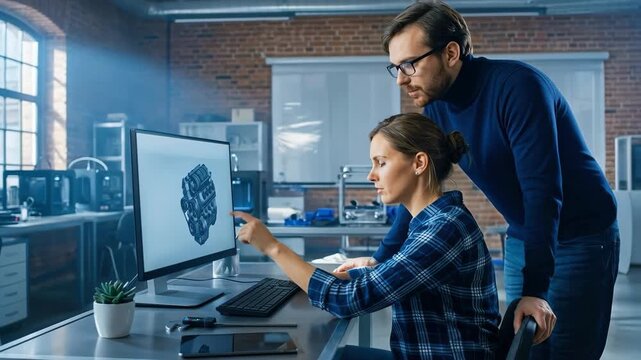Slow motion footage of two engineers collaborating on a 3D engine design using CAD software in a modern industrial workshop with 3D printers and specialized technical equipment.