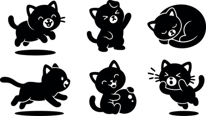 Fototapeta premium Minimalist vector cat sticker set six playful poses sleeping jumping running yawning hugging ball kawaii silhouette design flat icon collection