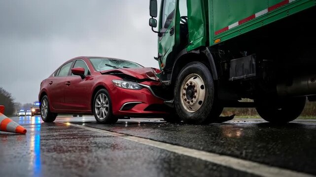 Ground level view of a red sedan car crashed into the front of a green commercial truck on a wet road during a rainy day with an orange traffic cone and emergency lights.