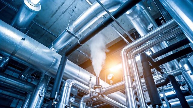 Industrial steel piping system in a modern factory or power plant with white steam leaking from a valve under bright orange light and cold blue cinematic tones.