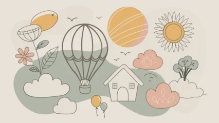 Ingelijste posters Luchtballon Whimsical hot air balloon floating amongst sun, clouds, and flowers Vector  © MrRiponIslam