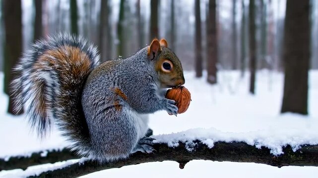 Squirrel Enjoying a Winter Snack: A Peaceful Moment in the Snowy Woods