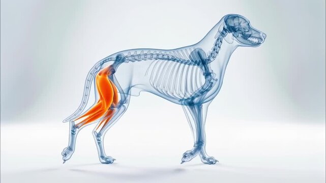Medical 3D x-ray animation of a dog walking showing the skeletal system and highlighted muscular structure of the hind legs for veterinary science and canine anatomy education.