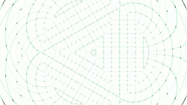Geometric pattern with green lines and dots forming a triangular shape from a top-down viewpoint
