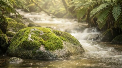 Mossy Rock in Serene Forest Stream