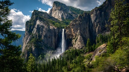 Spectacular tall waterfall plunges gracefully from the top of a sheer granite cliff, framed perfectly by lush and dark green pine trees.