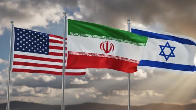 Tensions or Diplomacy: flags of Iran, the United States, and Israel, symbolizing geopolitics and international relations.