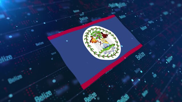 Belize Flag Waving on Abstract Digital Background with Glowing Elements