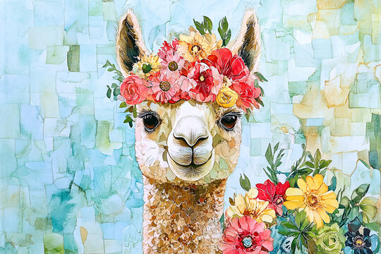 Charming watercolor illustration of a cute alpaca wearing a colorful floral crown. Whimsical animal portrait surrounded by blooming garden flowers and soft pastel background creating a playful artwork