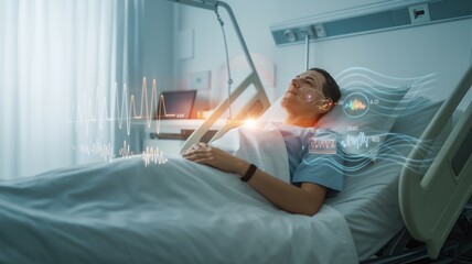 Sick Man Lying in Hospital Bed with Virtual Reality Headset