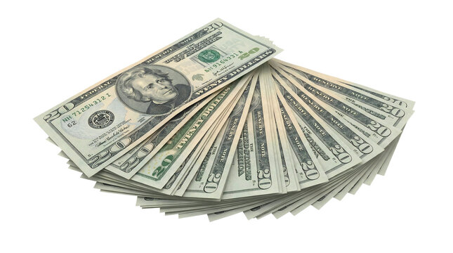 A fan of crisp American twenty-dollar bills is artfully spread out against a dark background, symbolizing wealth and financial prosperity.
