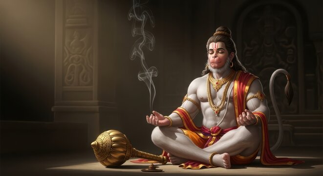 Hanuman meditates peacefully in traditional Indian temple setting