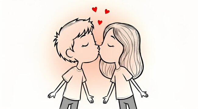 Lovely cartoon illustration of a boy and girl kissing under heart shapes