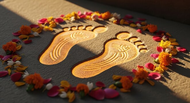 Beautiful floral arrangement surrounds decorative footprints of Hanumna ji on sandy surface