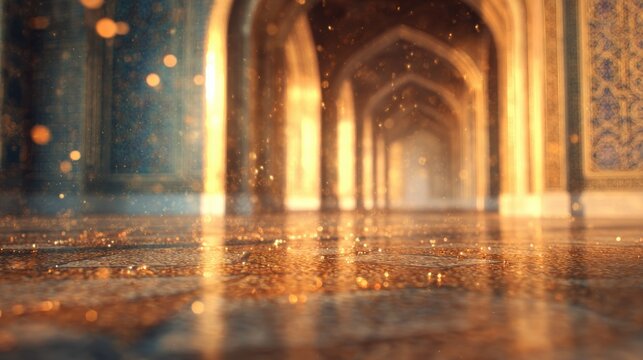 Light reflects on wet floor in historic building with arches and decorations