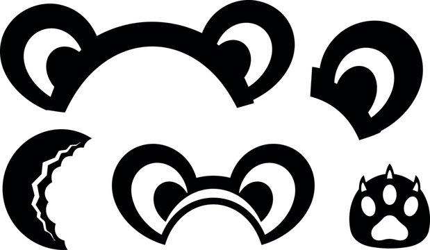 Flat design minimalist bear ear and paw icon set close up black silhouettes on white background bold graphic vector collection