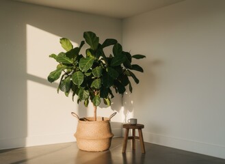 Large Fiddle Leaf Fig Plant In Woven Basket With Small Wooden Stool and Mug Bathed In Warm Sunlight in Empty Room