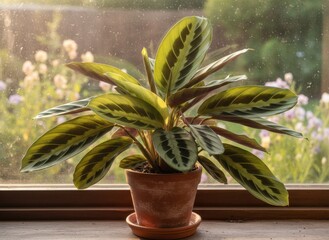Potted Calathea Plant with Distinctive Leaf Patterns Bathed in Warm Golden Hour Sunlight on a Windowsill with Blurred Garden Background