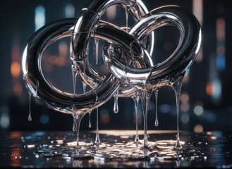 Abstract Interlocking Chrome Chains Melting in Liquid Form Reflecting City Lights with Dramatic Lighting