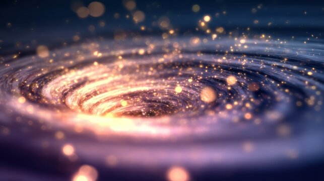 Swirling lights move in a cosmic formation during night time in space