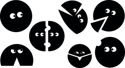 Obraz premium Flat design close up playful cookie faces set with bites wedges peeking eyes various expressions on white background minimal silhouette