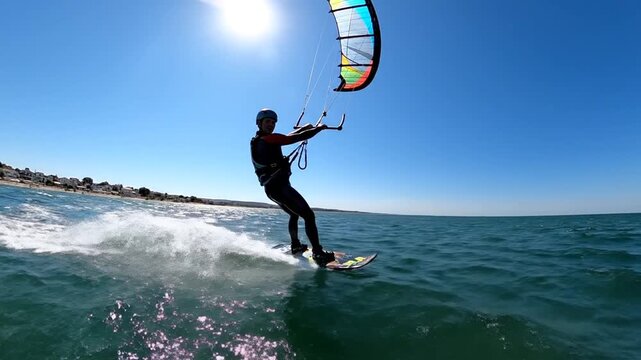 Man kitesurfing on blue ocean water under bright sun