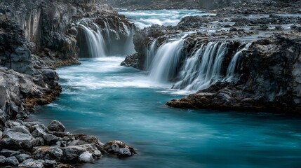 Fototapeta premium Breathtaking long exposure shot captures a vivid glacial blue waterfall cascading smoothly over jagged dark volcanic rocks in wilderness.