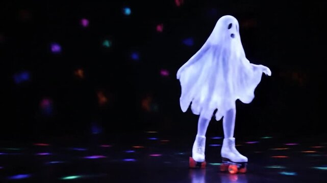 A spectral figure in a sheet, roller skating in a disco with vibrant colorful lights