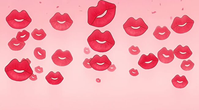 A delightful arrangement of vibrant red lips playfully scattered against a soft pink backdrop