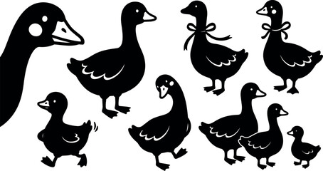 Fototapeta premium Flat design silhouette ducks and goslings set various poses close up head profile walking standing ribbon bow accents vector art