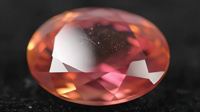 Macro close up of a faceted orange pink oval gemstone displaying brilliance and reflection on a dark background