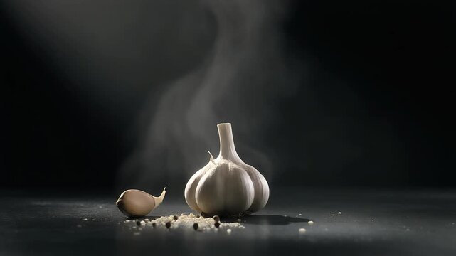 High-end cinematic video of steaming garlic with spices, evoking culinary aroma