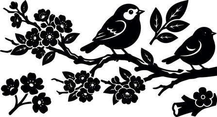 Fototapeta premium Silhouette vector two songbirds perched on flowering cherry branch close up calm spring composition black ink cutout ornamental floral design