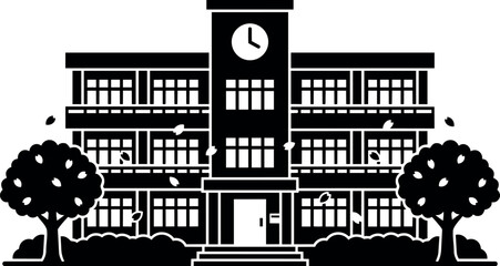 Fototapeta premium Flat design frontal view three story school building with clock tower entrance trees falling leaves minimal black silhouette balconies centered