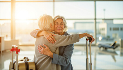 Fototapeta premium Two elderly women hugging at the airport with luggage in sunlight 
