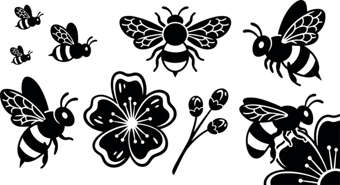 Flat design bee and cherry blossom vector set multiple bee silhouettes pollinating flower close up side view top view black