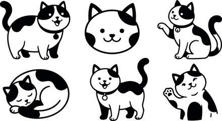 Fototapeta premium Flat design close up collection of playful black and white cat icons showing sleeping waving sitting standing and smiling poses