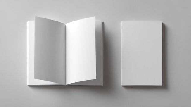 Blank white brochure mockup. Open booklet with turning pages and closed catalog cover on a light grey background, top view.