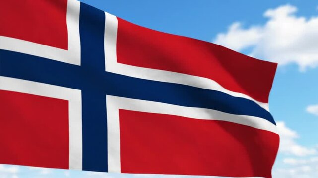Norwegian flag waving in the wind against a clear blue sky with white clouds