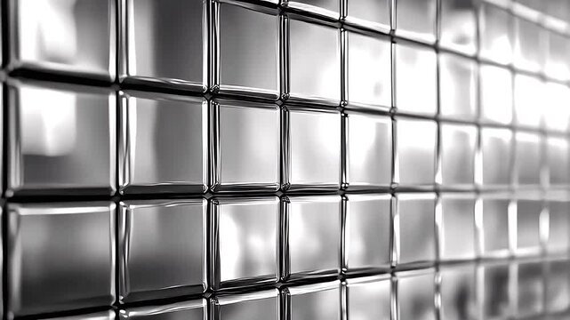 Shiny metallic tiles wall with reflective surface and grid pattern.