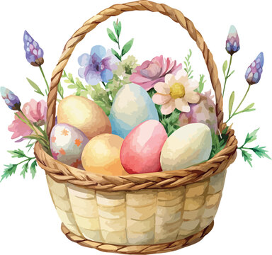 Easter Basket with Flowers and Colorful Eggs Watercolor Vector Illustration
