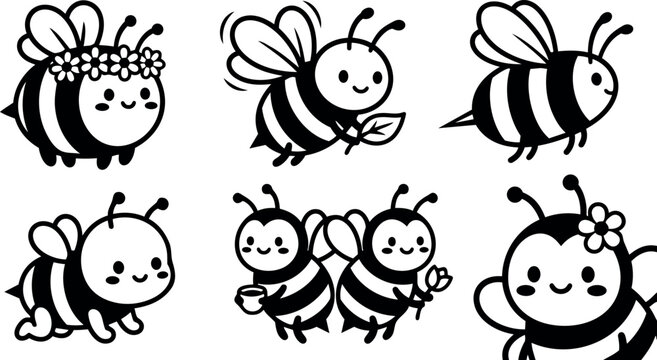 Flat vector kawaii bee characters set showing six cute bees with flowers leaf cup and playful expressions smiling close up