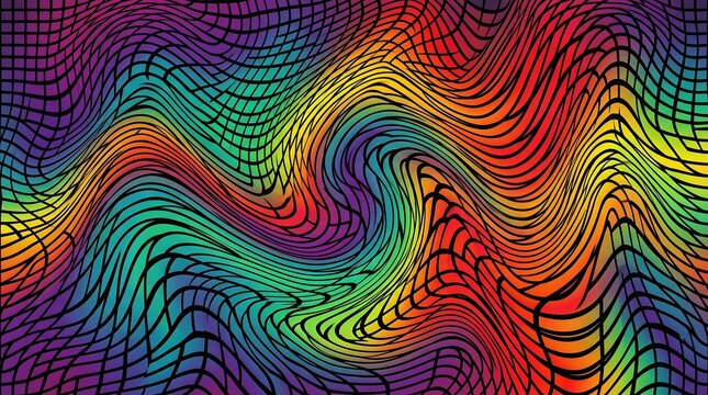 Abstract psychedelic background with a distorted wavy grid and vibrant rainbow gradient.