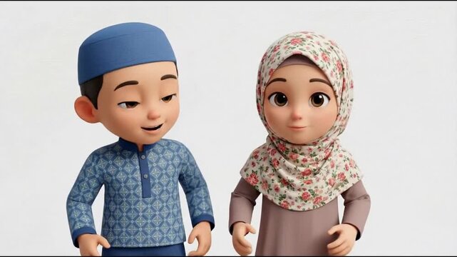 A delightful 3D animation of a young boy and girl in traditional modest clothing, interacting with happy smiles. The boy wears a patterned tunic and cap, and the girl wears a floral headscarf. This ch